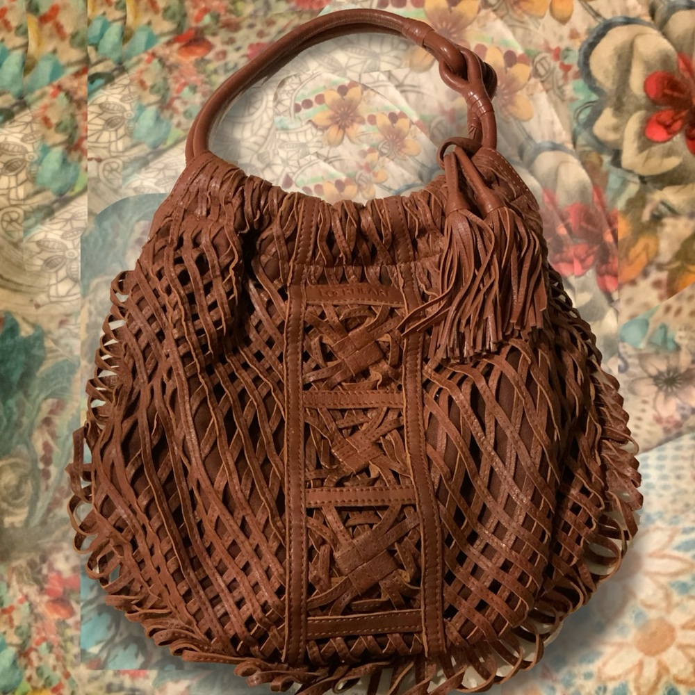 LOCKHEART Brown Woven Leather Hobo Handbag NWOT Large